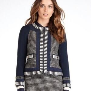 Tory Burch EUC Blue Leandra Tweed Embroidered Jacket Blazer Suiting Size 8
